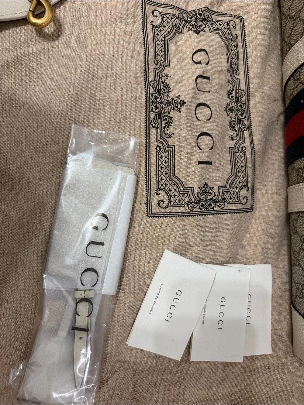Gucci Beige GG Supreme Canvas Tote with Red and Navy Web and White Leather Trim